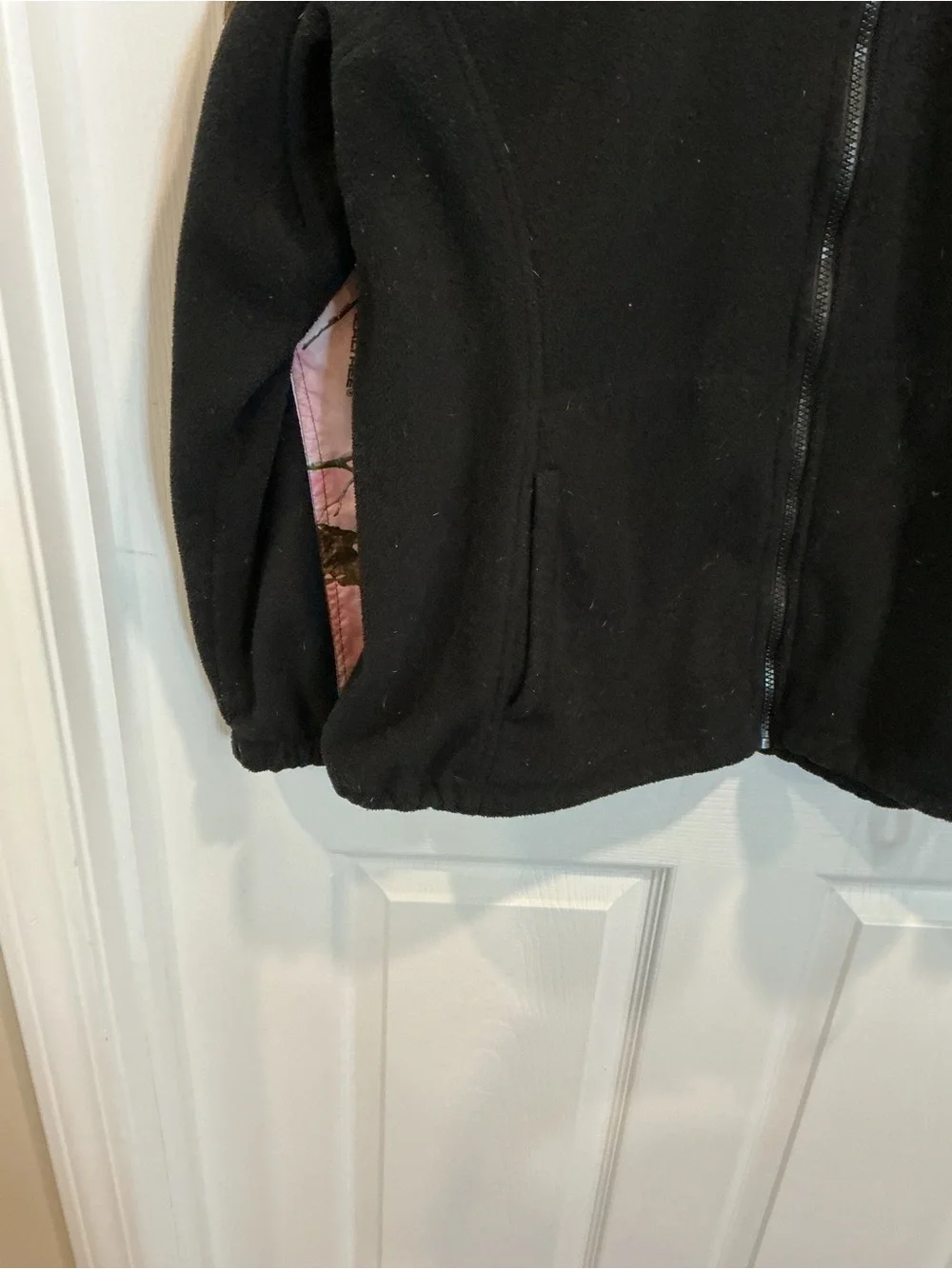 Ladies ' Black & Pink Fleece Jacket with Camouflage Accents
